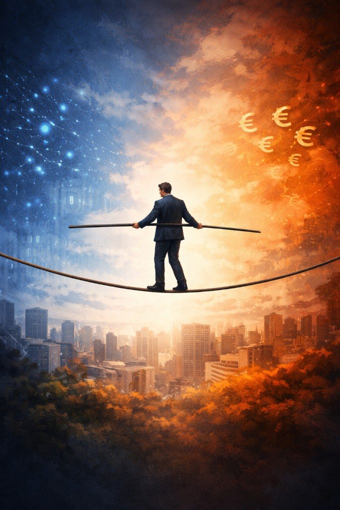 Équilibriste entre technologie et économie - illustration de l'équilibre des médias face à l'IA