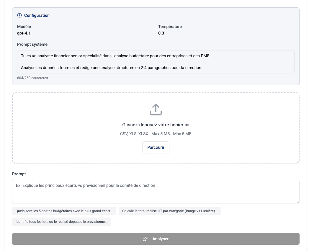 Exercice finance : analyse budgétaire avec upload de données CSV