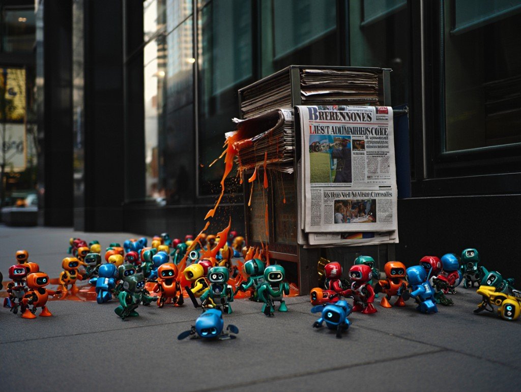 Kiosque à journaux entouré de robots - illustration du pillage des contenus par l'IA