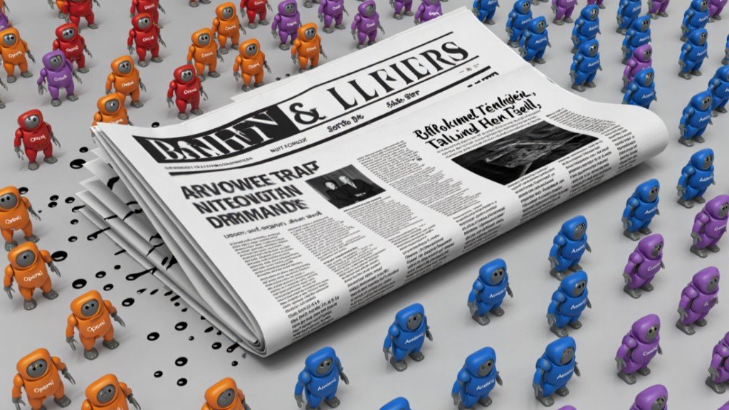 Robots colorés autour d'un journal - illustration de l'IA et la presse